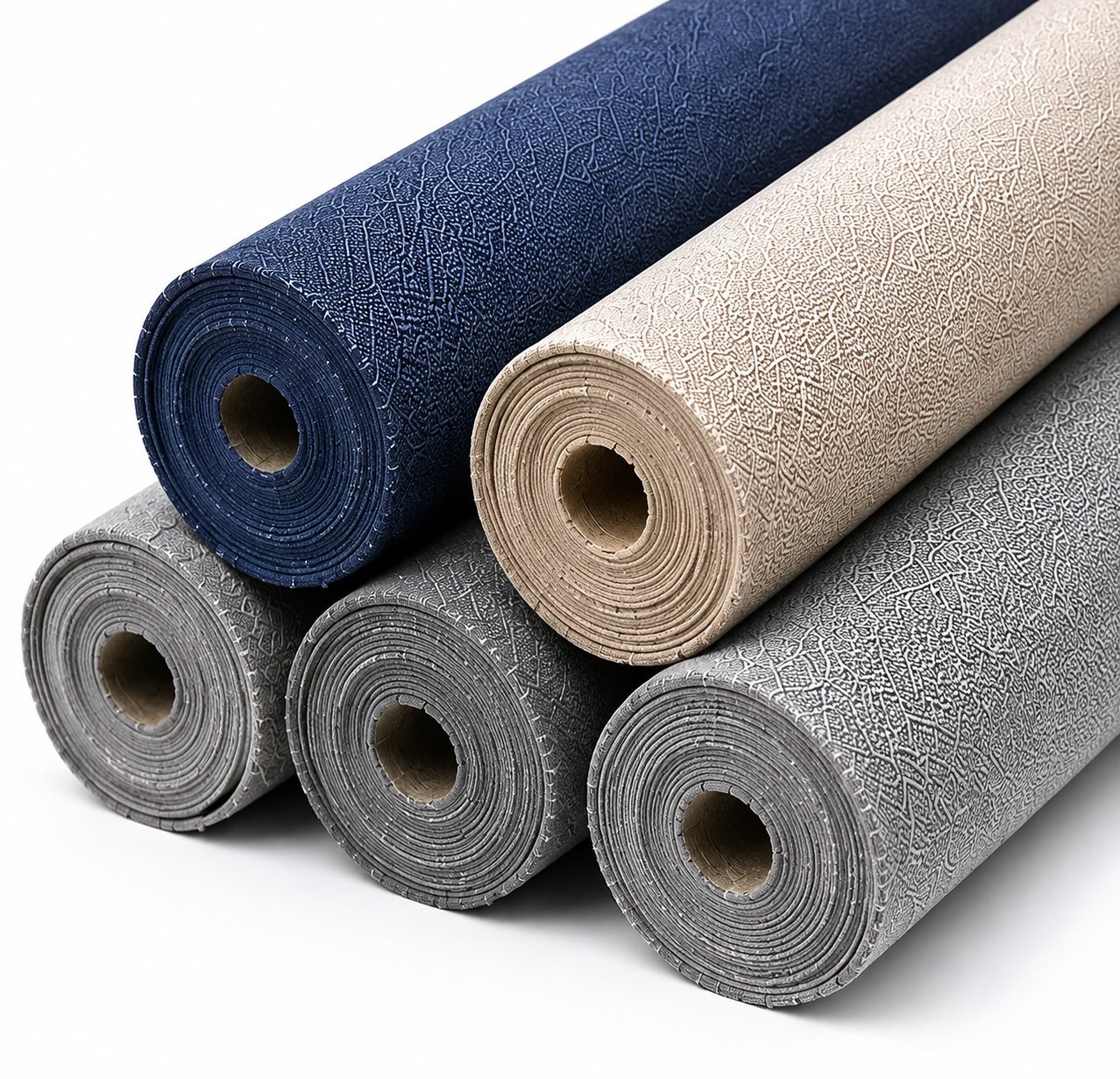 Five rolls of navy, beige and grey fabric