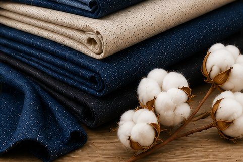 Folded navy and beige fabric with raw cotton branch