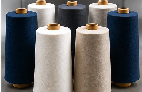 Cones of navy, beige and white yarn thread