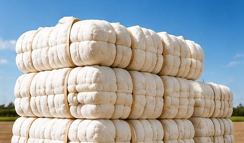 Stacked raw cotton bales in a field