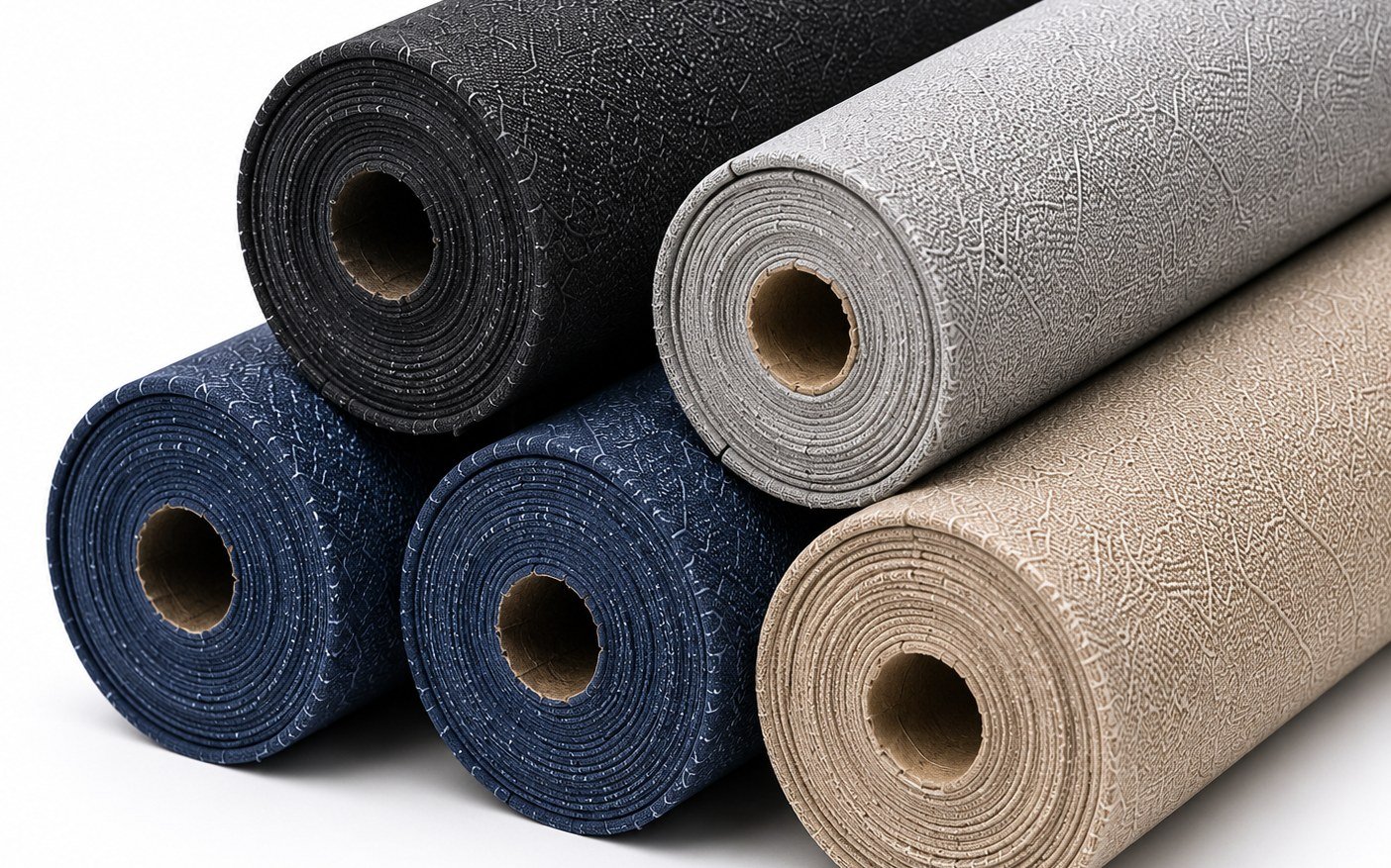 Five rolls of black, grey, navy and beige fabric